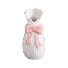 White Ceramic Bow Vase Cute Modern Decorative Bouquet Flower Vase w/ Pink Bow
