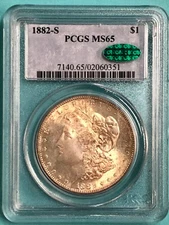 1882 S Morgan Silver Dollar ~ Coin Graded PCGS & CAC as MS65 ~ Nice Toning