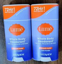 LOT OF TWO - Lume Whole Body Deodorant Smooth Solid Soft Powder Scent 2.6 oz