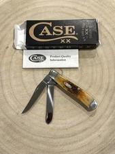 Case xx Amber Bone Peach Seed Jig Mini Trapper Dual Blade Folding Knife - 00013