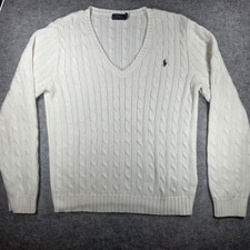 Polo Ralph Lauren Cable Knit Sweater XL White V Neck Pony Logo Preppy Old Money