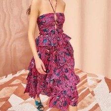 Ulla Johnson Pink Floral Batik Tiered Midi Dress Halter Keyhole Smocked Size 14