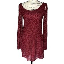 Altar'd State Burgundy Floral Lace Long Sleeve Mini Dress Scoop Neck Wine XS