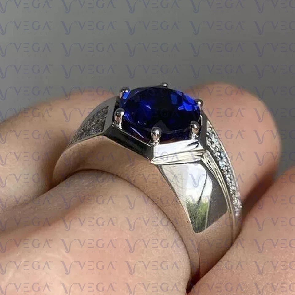 Anillo para hombre enchapado en platino 950PT de zafiro natural de corte redondo con diamantes de 4,50 quilates Foto 3 de 4