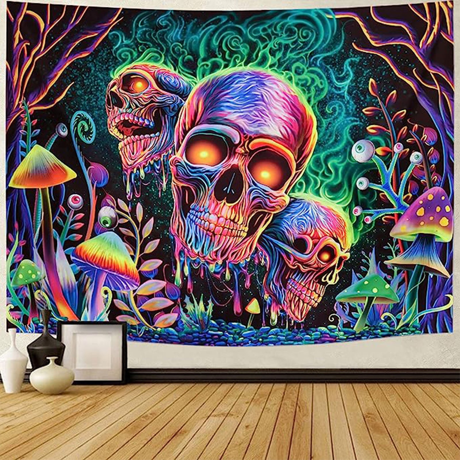 UV Reactive Skull Tapestry For Bedroom Decor Blacklight Decoration Trending