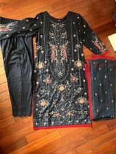 Women navy blue Floral Embroidered Salwar Kameez 3pc Set Dupatta Chiffon OS