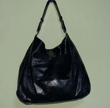 TORY BURCH Dena Black Glazed Distressed Leather Hobo Shoulder Bag