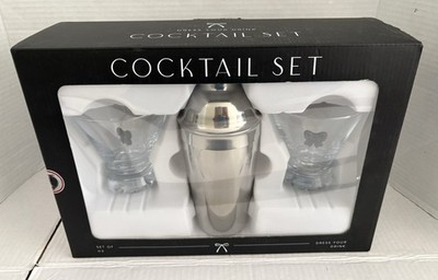 Dress Your Drink Cocktail Set 2 Stemless Martini Glasses with Bows & Shaker  NIB