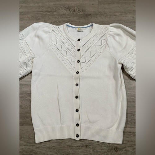 Boden 100% Cotton Puff Sleeve White Button-Up Knit Cardigan 10 - Picture 2 of 5