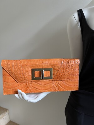 PAOLA DANGOND Genuine Crocodile Envelope Clutch Bag Handbag, Orange