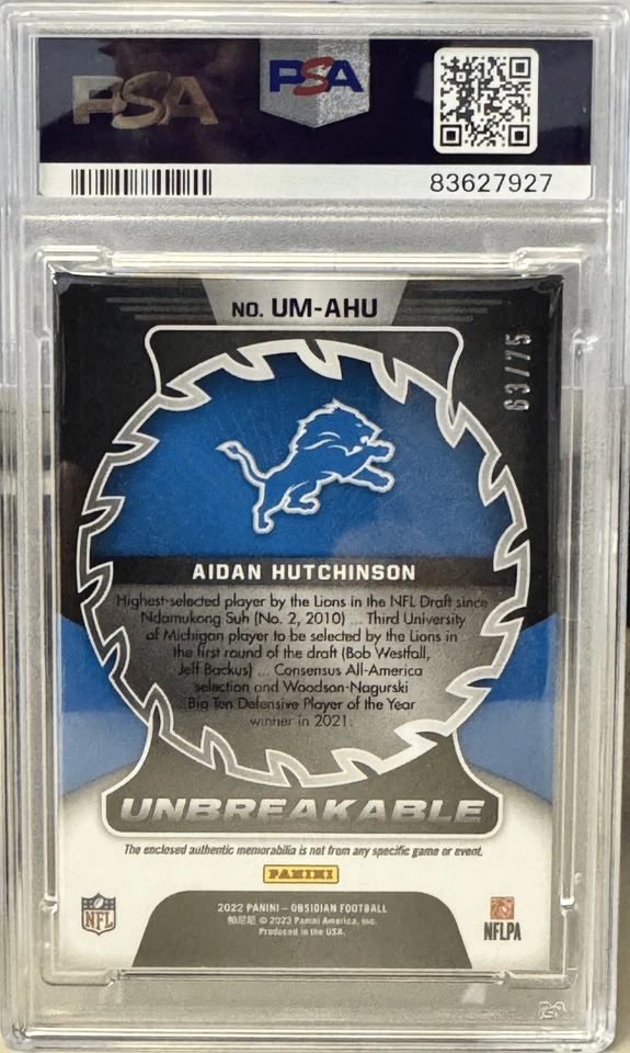 2022 Obsidian Aidan Hutchinson Unbreakable Patch RC Orange Etch 63/75 PSA 8 - Image 2 of 2