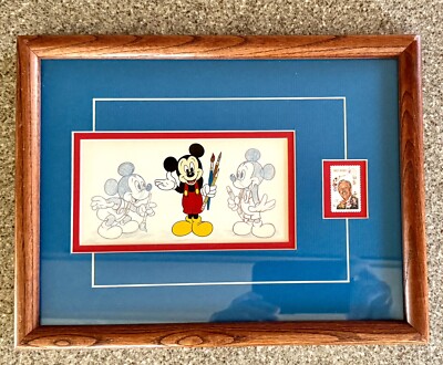 Mickey Mouse  Genius at Work , Framed, Matted, Glass w/Walt Disney Stamp, VG!