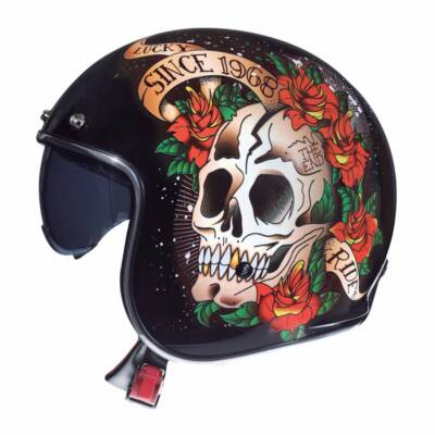 Casque jet mt le mans 2 sv skull & roses a1 noir brillant xs simple ecran transp