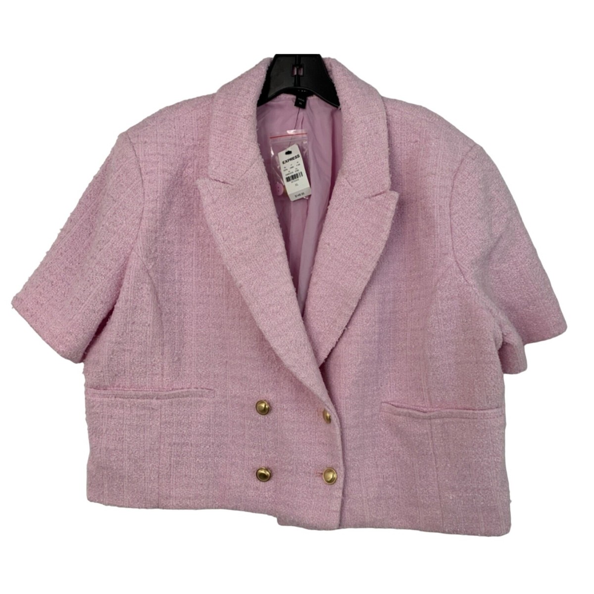 Express Womens Pink Double-Breasted Tweed Cropped Blazer Jacket XL