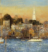 Oil painting Frederick-Childe-Hassam-Newport-October-Sundown cityscape building