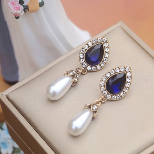 Orecchini a Perno Dorato Antico Pendente Goccia Blu Navy Perla Bianco YW8 - Foto 4 di 10