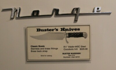 BUSTER WARENSKI HANDMADE ART KNIFE BOWIE FRIDGE MAGNET. 1975 VINTAGE CATALOG AD