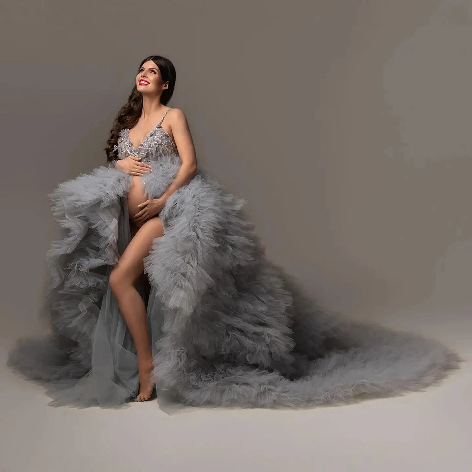 Luxury Lace Beaded Maternity Dresses Photoshoot Front Slit Puffy Pregnant Gowns - Image 2 of 4