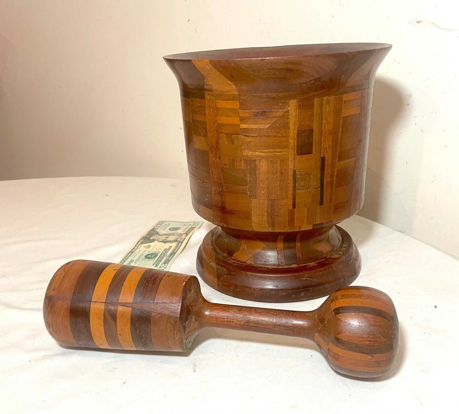 HUGE rare antique hand made turned carved wood marquetry mortar and pestle large
Opens in a new wind