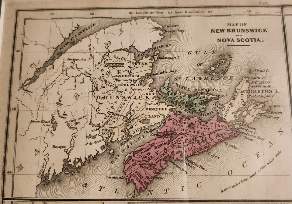 Mapa antiguo Atlas de 1844 por D.F. Robinson Terranova Nuevo Brunswick Nueva Escocia Foto 4 de 4