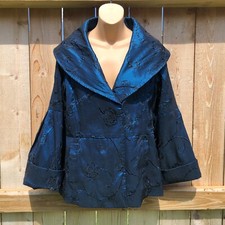 Jerry T Embroidered Jacket Shawl Collar Polyester Blue Sheen Dressy Women's L