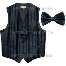 New Men's Tuxedo Vest Waistcoat Stripes Bowtie prom wedding formal party Navy
