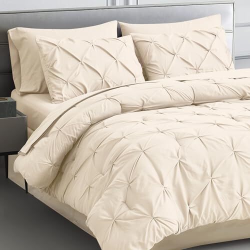 Comforter Set - 7 Pieces Pintuck Bed in A Bag - Comforters Queen Cream White