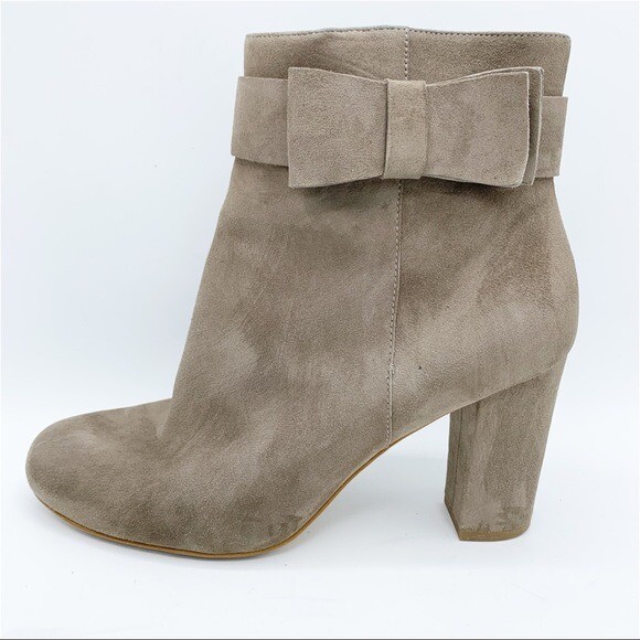 KATE SPADE New York Taupe Suede Ankle Boot w/Chunky Heel and Suede Bow at Ankle