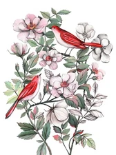 Red Birds Original Gouache Painting 16"x11" Rose Art Pink Flowers Painting