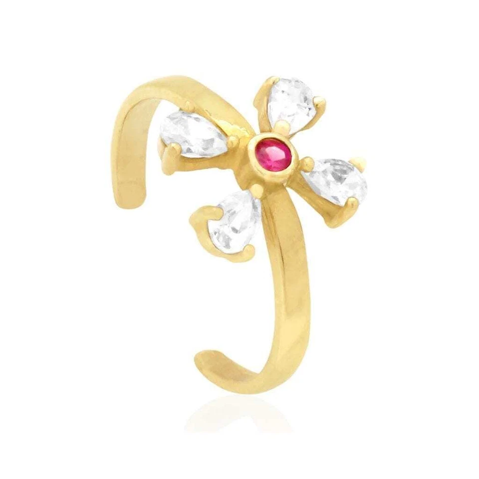 14K Yellow Gold White Prong Pear Simulated White Diamond Ruby Toe Ring - Image 3 of 4
