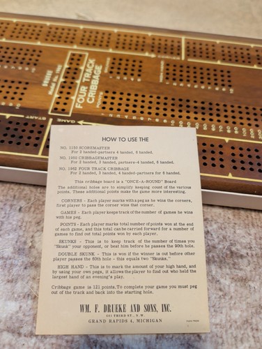 Vintage Drueke Four Track Cribbage Board Model 1962 Walnut (Rare Amazing )  - Picture 2 of 4