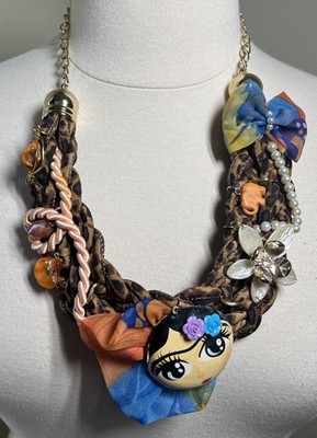 Frida Kahlo Necklace Handcrafted Animal Print Braided Jewelry Gold Tone Hardware