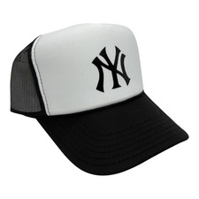 NEW YORK YANKEES BLACK WHITE HAT 5 PANEL HIGH CROWN TRUCKER SNAPBACK THROWBACK