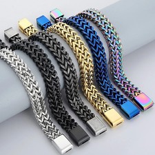 Mens 12MM Stainless Steel Double Row Chain Bracelet with Magnet Clasp 20/21.5CM
