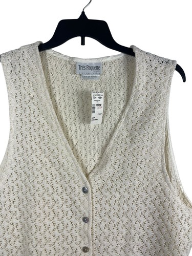 VTG Tres Paquette Cream Open Knit Crochet Button Up Vest 2X NWT 90s Beachy Boho - Picture 3 of 10