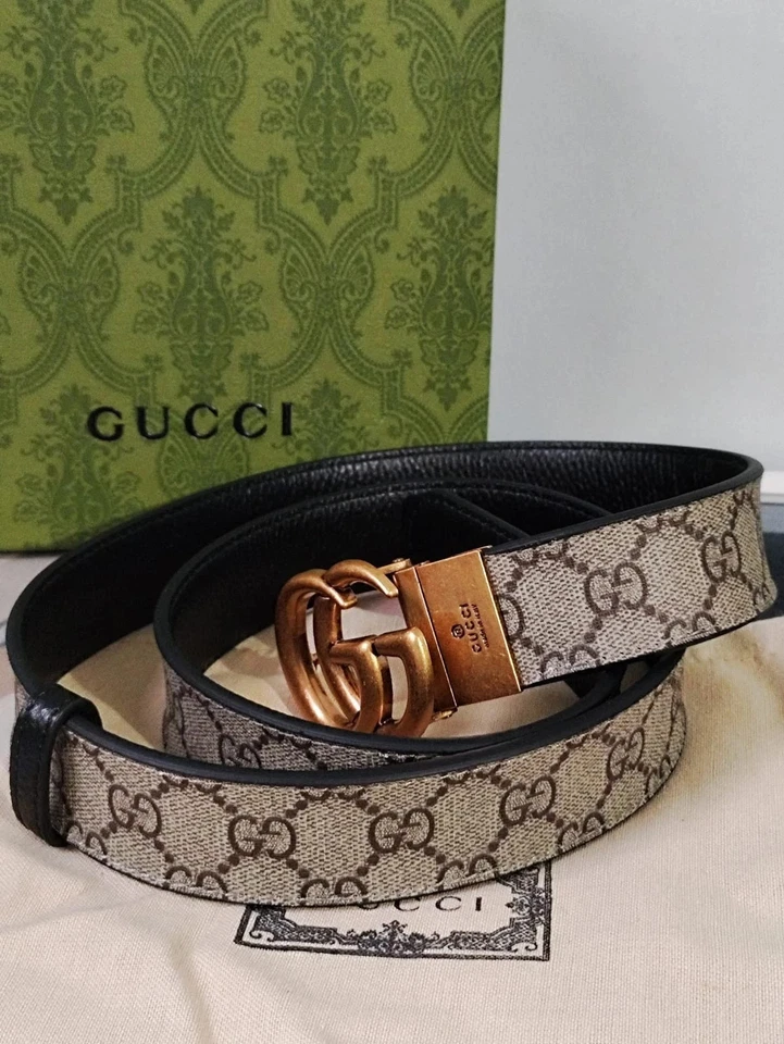 Двусторонний коричневый пояс с монограммой Marmont Gucci золото GG 36/38 105 см - США беспошлинно - Изображение 3 из 4