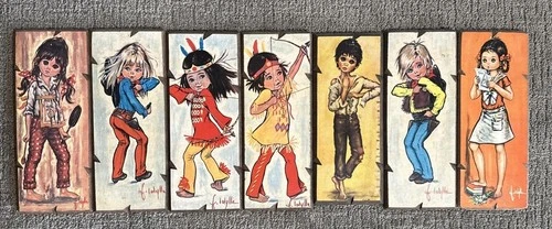 F. Idylle/Jolylle Big Eyes School Girl Wood Art Italy 4” X 9.5” Vtg Lot 7