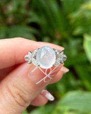 White Jadeite Cabochon Ring 925 Sterling Silver Engagement Ring For Women's.