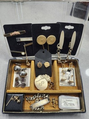 25 Pc VTG 1950s MENS LOT Cufflinks Tie Taks Bracelet Money Clips GF Sports Pins