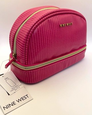 Nine West Pink Zip Makeup Bag Cosmetic/Toiletry Case with Travel Toiletry Bottle