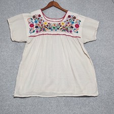 HANDMADE MEXICAN Peasant Top Womens M/L White Cotton Hand Floral Embroidered