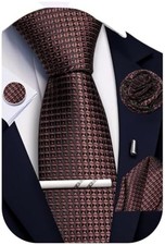 Solid Plaid Checkered Tie Set for Men Silk Necktie Pocket Square Brown