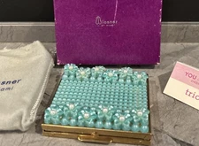 Vintage Trickettes by Wiesner of Miami Teal Beaded Powder Compact Mint Original