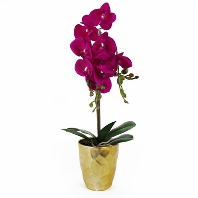 Künstliche Orchidee Pflanze dunkelrosa gold 54cm 10 Real Touch Blumen Topf geklebter Sockel
