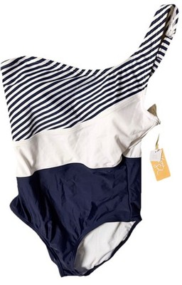 Kona Sol One Piece One Shoulder Navy White Striped Swimsuit Size Medium