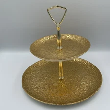 Vintage Weeping Bright Gold Serving Platter Two Tier Tidbit Tray 22K USA