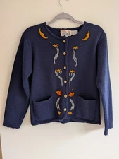 Vintage Tally-Ho Fall Halloween Cardigan Sweater M Navy Blue Embroidered