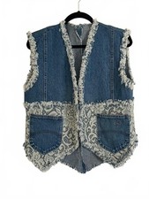 Upcycled Denim Lace Vest Boho Western Whimsical Fringe Patchwork Jean Vest