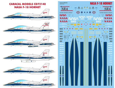 Caracal 1/72 F-18 Hornet NASA F/A-18A/18B + HARV Research 7 Options Decals