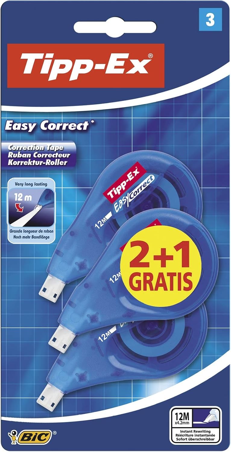 Tipp-Ex Easy Correct Correction Tape Box of 2 + 1 Free Blue 12m Tear-Resistant